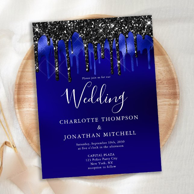 Elegant Black Blue Glitter Drips Police Wedding Invitation Postcard (Creator Uploaded)