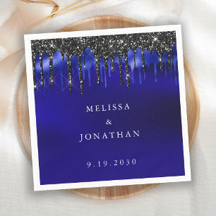 Elegant Black Blue Glitter Drips Police Wedding Napkin