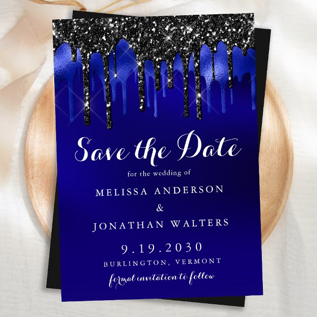 Elegant Black Blue Glitter Drips Police Wedding Save The Date (Creator Uploaded)