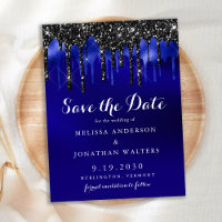 Elegant Black Blue Glitter Drips Save The Date