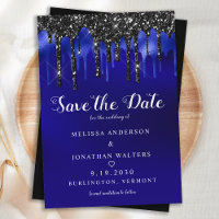 Elegant Black Blue Glitter Drips Wedding