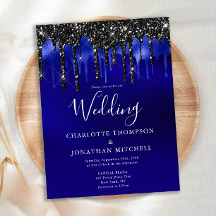 Elegant Black Blue Glitter Drips Wedding Invite Postcard