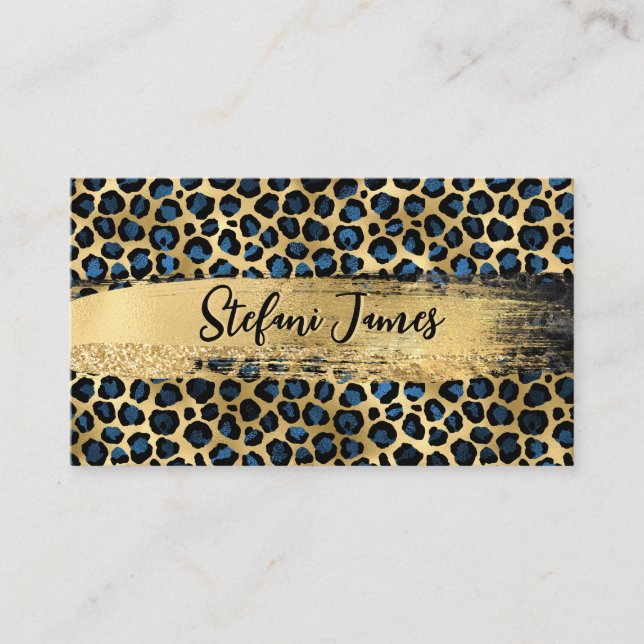Elegant Black Blue Gold Foil Leopard Brush Stroke Business Card (Front)