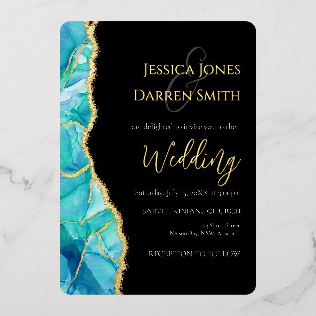 Elegant Black Blue Gold Foil Wedding Invitation (Front)