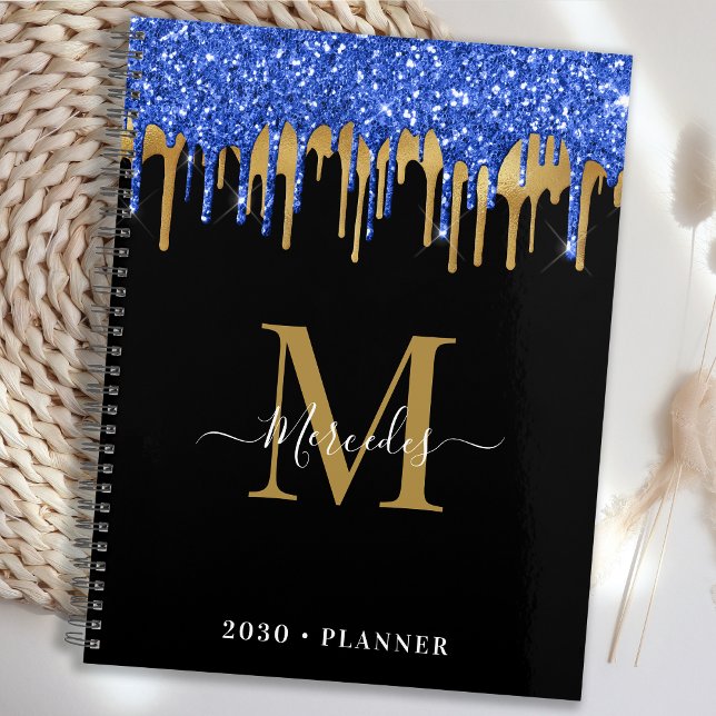 Elegant Black Blue Gold Glitter Drips Monogram Planner (Creator Uploaded)