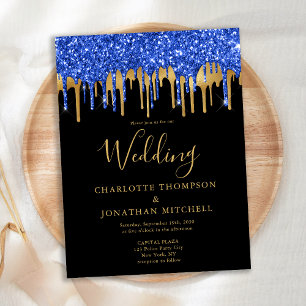 Elegant Black Blue Gold Glitter Drips Wedding Postcard