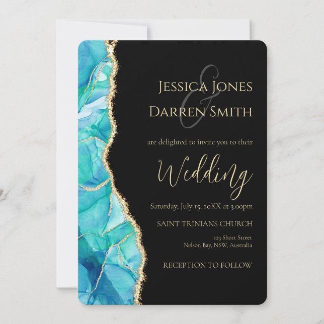 Elegant Black Blue Gold Glitter Watercolor Wedding Invitation (Front)