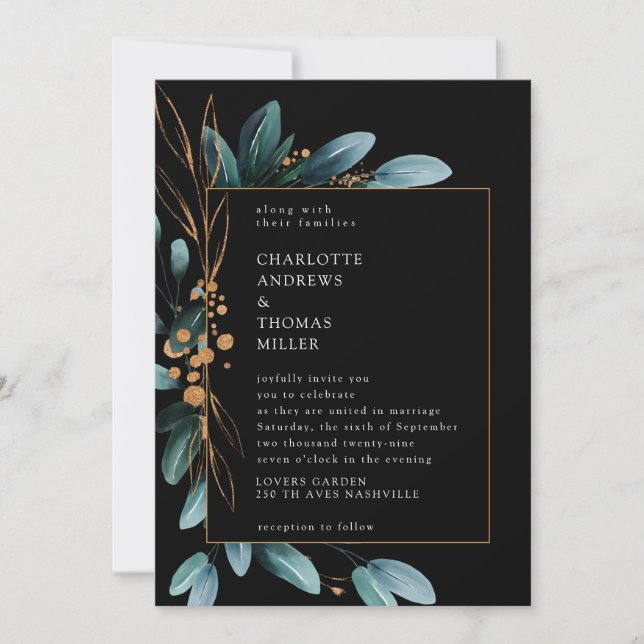 Elegant Black Blue Gold (Imitat) Botanical   Invitation (Front)