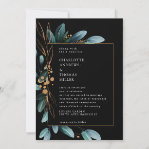 Elegant Black Blue Gold (Imitat) Botanical   Invitation