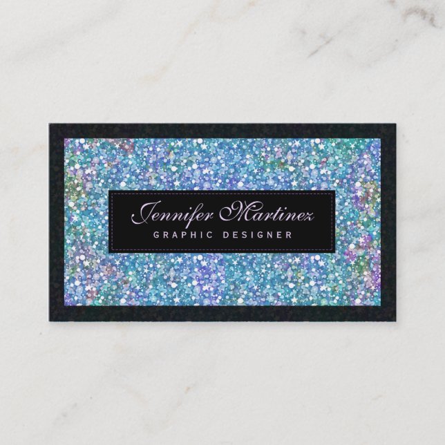 Elegant Black Blue-Green Glitter & Sparkles Business Card (Front)