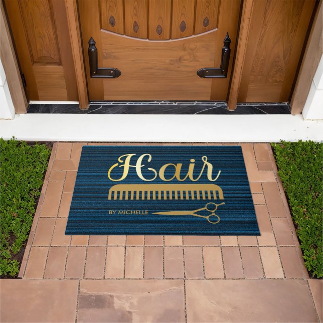 Elegant Black blue Hairstylist Salon Name Doormat (Outdoor)