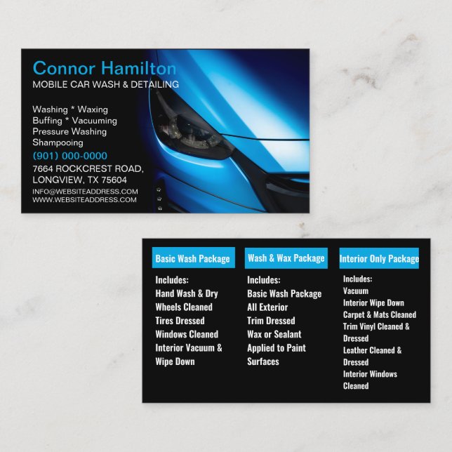 Elegant Black Blue Mobile Auto Car Wash Detailing  Business Card (Front/Back)