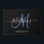 Elegant Black Blue Monogram Script Family Name Doormat<br><div class="desc">DIY Personalised black and white and blue monogram design with bride and groom last name and wedding date on a black background. Makes a unique and great gift for newlyweds starting a new family. Great for new house together. Customise with your name, monogram initial and wedding date and colours. Elke...</div>