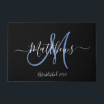 Elegant Black Blue Monogram Script Family Name Doormat<br><div class="desc">DIY Personalised black and white and blue monogram design with bride and groom last name and wedding date on a black background. Makes a unique and great gift for newlyweds starting a new family. Great for new house together. Customise with your name, monogram initial and wedding date and colours. Elke...</div>