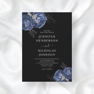 Elegant Black Blue Peonies Wedding Invitation