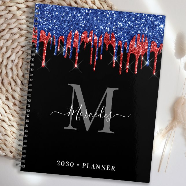 Elegant Black Blue Red Glitter Drips Monogram Planner (Creator Uploaded)