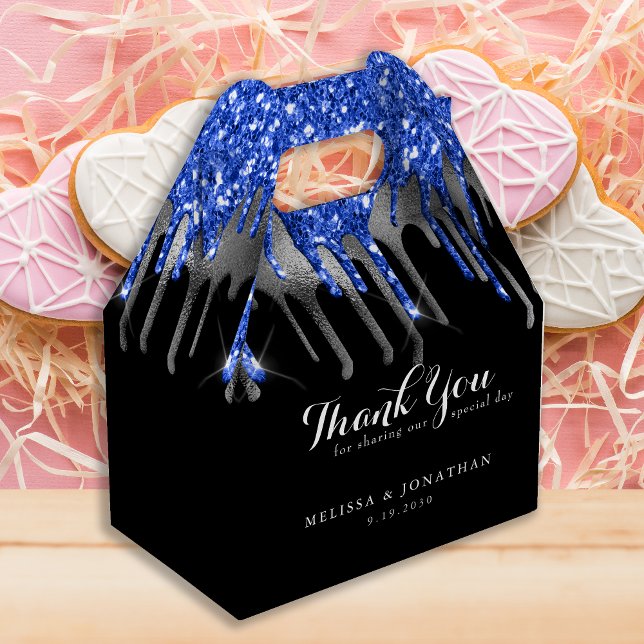 Elegant Black Blue Silver Glitter Drips Wedding Favour Box (Creator Uploaded)