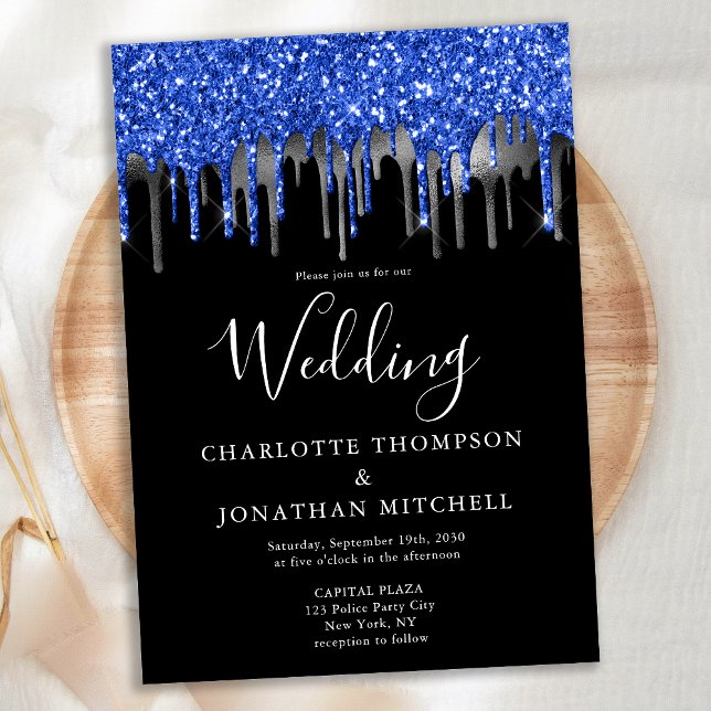 Elegant Black Blue Silver Glitter Drips Wedding Invitation (Creator Uploaded)
