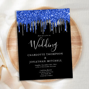 Elegant Black Blue Silver Glitter Drips Wedding   Postcard