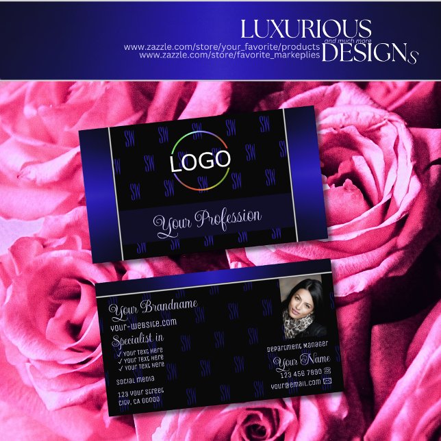 Elegant Black Blue with Logo Photo and Monogram Business Card (Creator Uploaded)