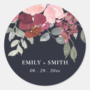ELEGANT BLACK BLUSH BURGUNDY ROSE FLORAL WEDDING CLASSIC ROUND STICKER