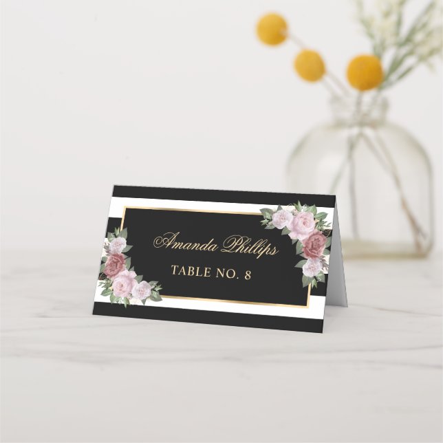 Elegant Black Blush Gold Floral Wedding Place Card (Front)