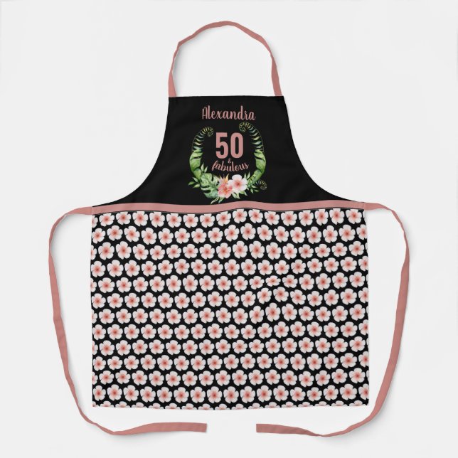 Elegant black blush pink floral 50th birthday  apron (Front)