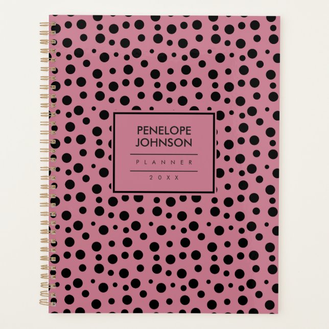 Elegant Black Blush Pink Polka Dot Pattern Planner (Front)