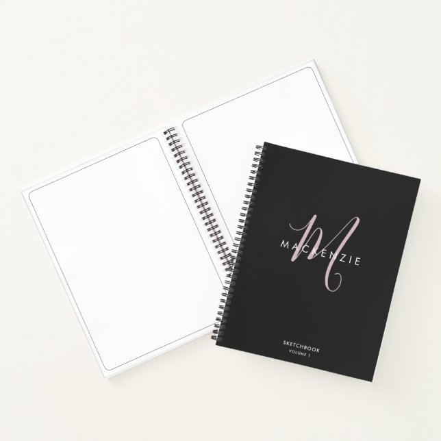 Elegant Black Blush Pink Script Monogram Sketch Notebook (Inside)