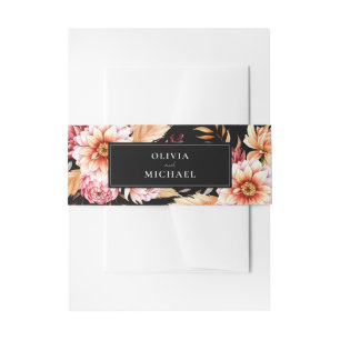 Elegant Black Boho Chic Floral Wedding Invitation Belly Band