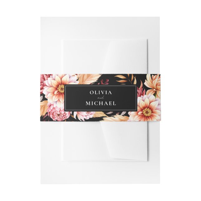 Elegant Black Boho Chic Floral Wedding Invitation Belly Band (Front Example)