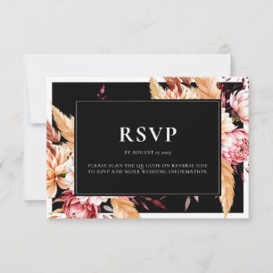 Elegant Black Boho Chic Floral Wedding RSVP Card