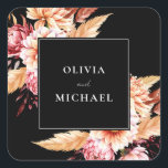 Elegant Black Boho Chic Floral Wedding Square Sticker<br><div class="desc">Create your own personalised wedding stickers featuring elegant floral design. Add your names in minimalist chic typography and boho chic fall floral of watercolor dahlia flowers and autumn botanical leaves.</div>
