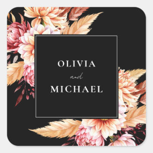 Elegant Black Boho Chic Floral Wedding Square Sticker