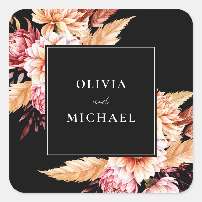 Elegant Black Boho Chic Floral Wedding Square Sticker (Front)