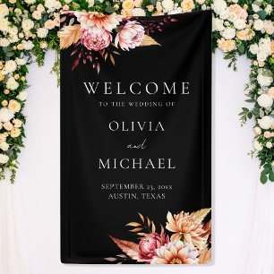 Elegant Black Boho Chic Floral Wedding Welcome Banner