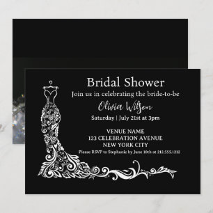 Elegant Black Boho Floral Gown Bridal Shower Invitation