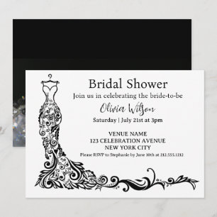 Elegant Black Boho Floral Gown Bridal Shower Invitation