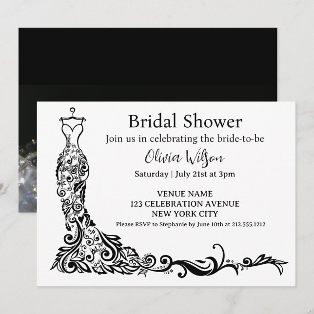  Elegant Black Boho Floral Gown Bridal Shower Invitation (Front/Back)