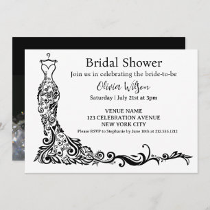  Elegant Black Boho Floral Gown Bridal Shower Invitation