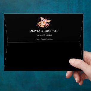 Elegant Black Boho Floral Wedding Return Address Envelope