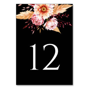 Elegant Black Boho Floral Wedding Table Number