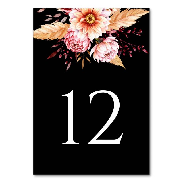 Elegant Black Boho Floral Wedding Table Number (Front)