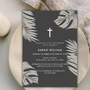 Elegant Black Boho Leaves Cross Baptism Invitation