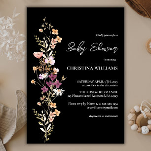 Elegant Black Boho Wildflower Baby Shower Invitation
