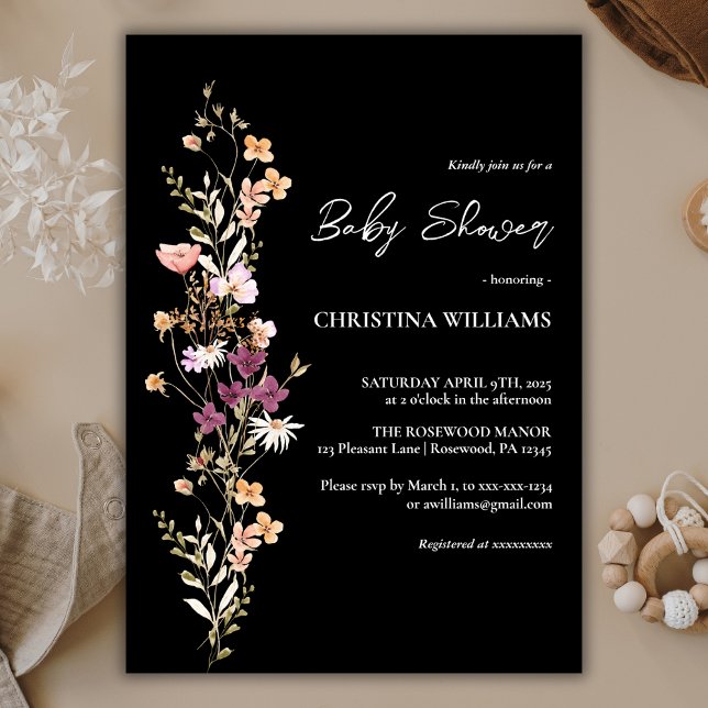 Elegant Black Boho Wildflower Baby Shower Invitation (Creator Uploaded)