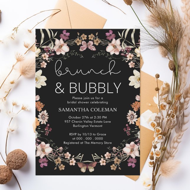 Elegant Black Boho Wildflower Bridal Shower Brunch Invitation (Creator Uploaded)