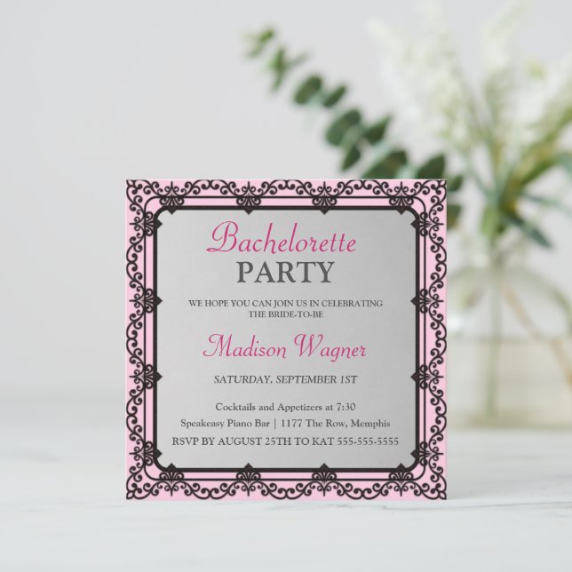 Elegant Black Border Bachelorette Party Invitation (Standing Front)