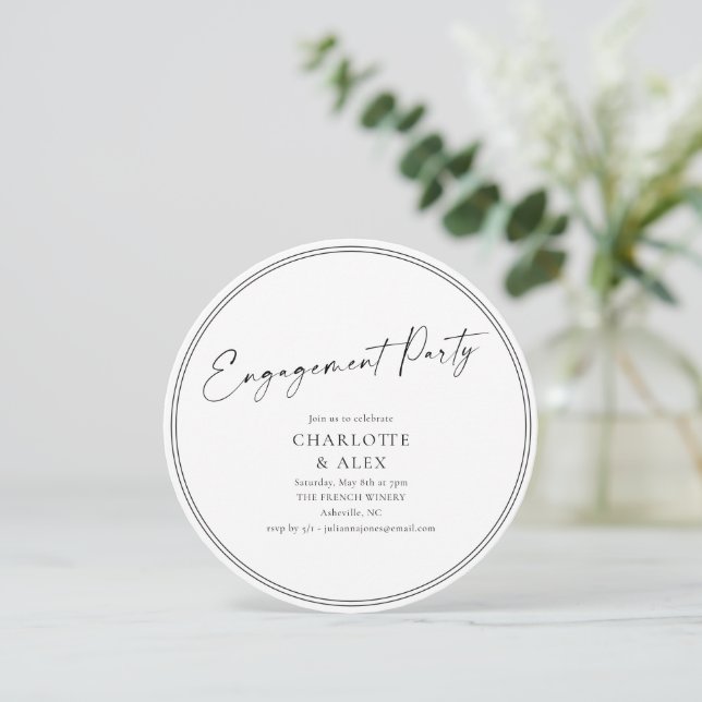 Elegant Black Border Script Engagement Party Round Invitation (Standing Front)