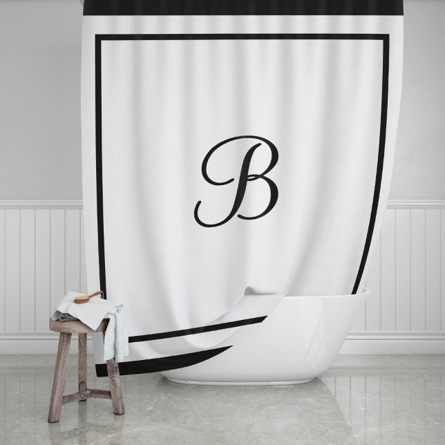 Elegant Black Border Script Monogram Shower Curtain (Creator Uploaded)
